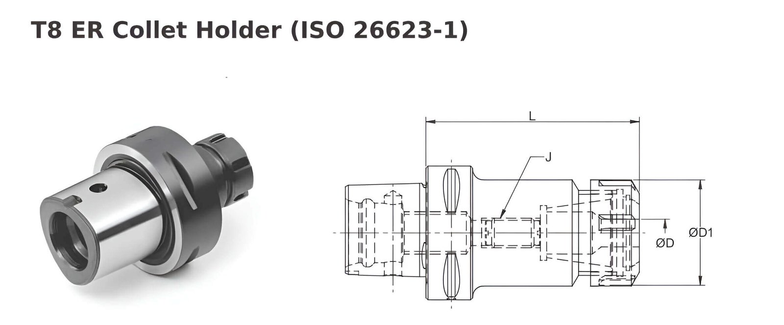 Polygonal Shank T8 ER20 065 ER Collet Holder (Balanced to G2.5 25000 RPM) (ISO 26623-1) (Compatible with Capto® Style C8)